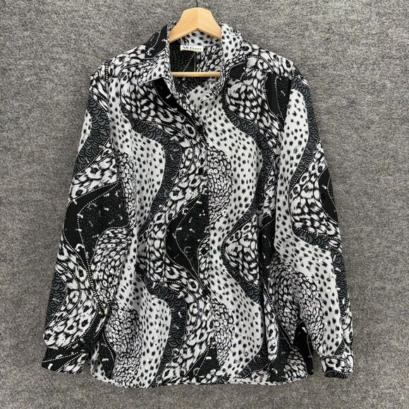 All Hours Shirt Women L Large Black Geometric Button Up Collared Long Sleeve - Picture 1 of 8